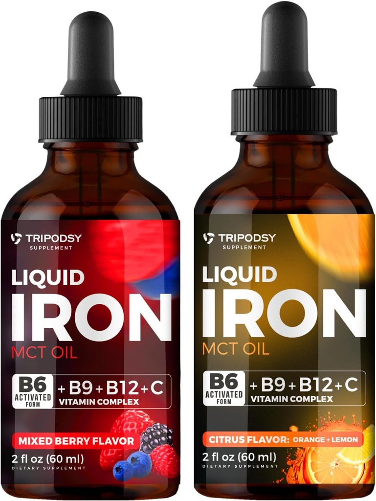 Tambahan Besi Liquid, Iron Drops, Perempuan dan Pria, B6, B9, B12, Vitamin C, Anemia, Pembangun Darah, Membusuk, Sel Darah Merah, Dukungan Imune, MCT Oil, Citrus, Campuran Berry