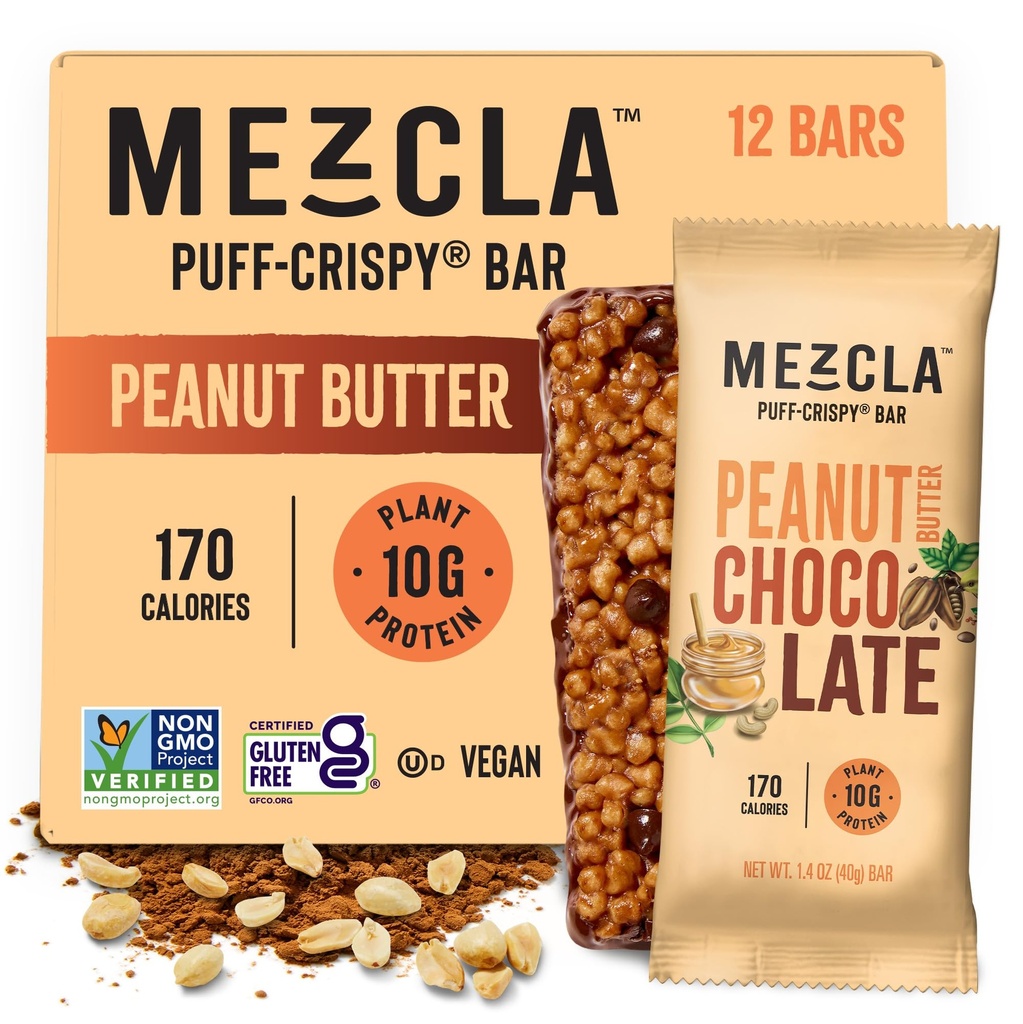 Mezcla Puff Crispy Protin Bars, Gluten Free & Vegan Protein Bars, 10g Protein, Alt for Crispy Rice Treat, Granola Bars & Breakfast Bars, Healthy Snacks for Adults, Peanut Butter Chocolate, 12 Pack
