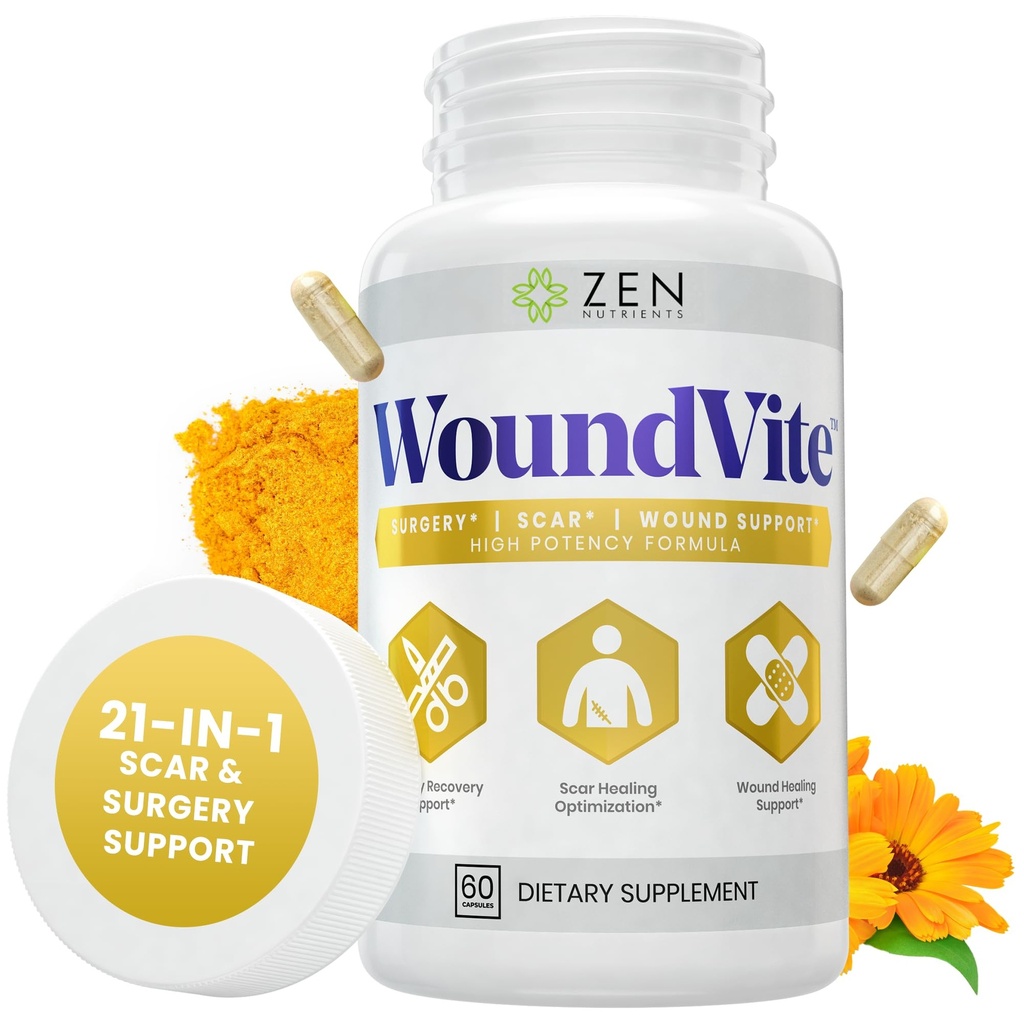 Zen Nutrients WoundVite Pre & Post Support, Scar & Wound Care, Scar Treatment, Plastic & General Bedah, Heal Faster & Aids in Recovery Time w / Bromelain, Turmeric & Arnica - 60 Vegan Caps