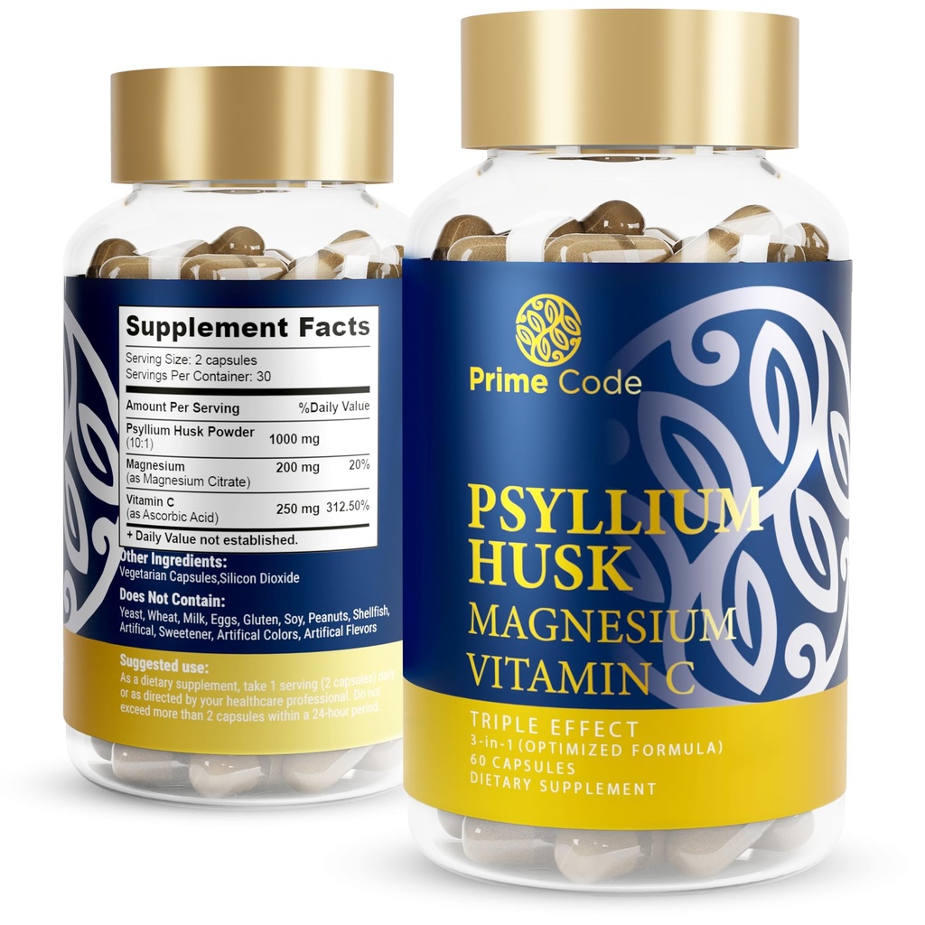 Kode Perdana [3] Psyllium Husk Capsules dengan Magnesium Citrate dan Vitamin C 124; Psyllium Hussules 1000mg; Magnesium Citrate 200mg 124; Vitamin C 250mg C 124; Non - GMO 124g & Soy Free 124; Vegan