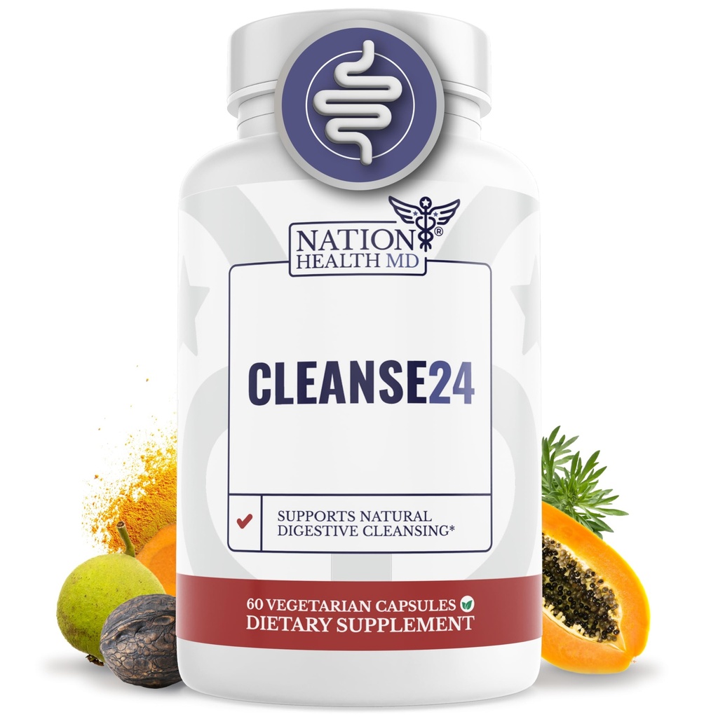 Cleanse24 - Instinal Cleanse for Human with Wormwood, Papaya, Black Walnut - Herbal Intestinal Cleanse, Gut Cleanse for Men & Women, 60 Capsules