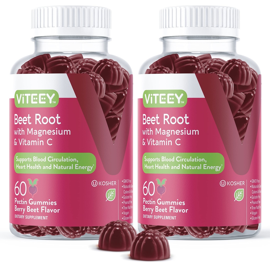 Viteey Beet Root Gummies with Magnesium & Vitamin C - Beetroot Suplemen Kesehatan Jantung, Tekanan Darah Dukungan - Vegan, Gluten- Free - 120 Count