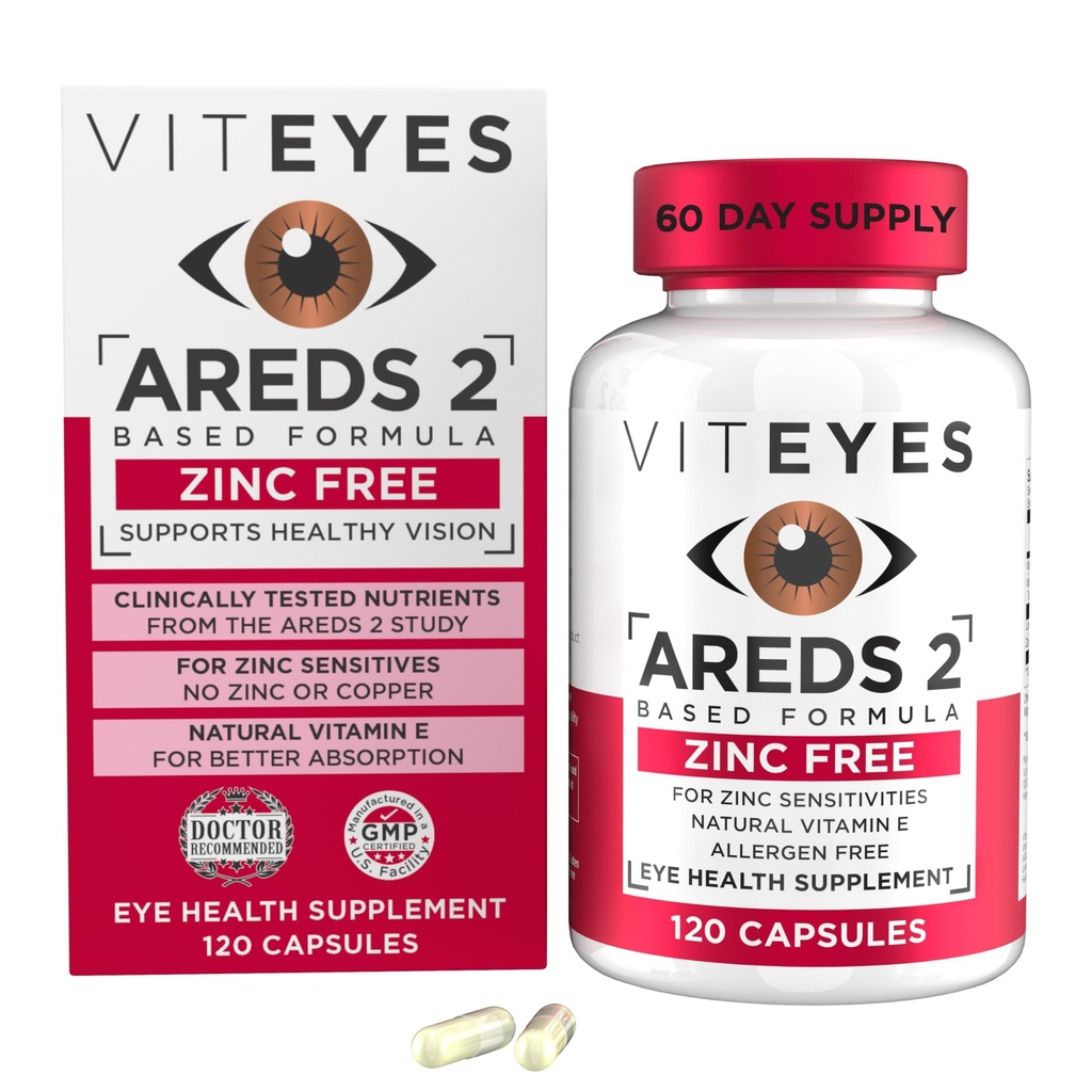 Viteyes AREDS 2 Zinc Free Macaular During, Natural Allergen Free Capsules with Vitamin E, Vitamin C, Lutein & Izexanthin, No Zinc, No Copper, Eye Doctor Trusted, Productured in The USA, 120 Ct