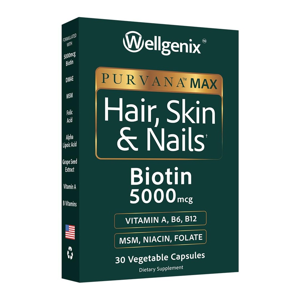 Wellgenix Purvana Max Hair, Skin, dan Nails Vitamin - Double Strength Biotin 5000 MCG, VIT A & B, Folic Acid, Grace Extract - Pendukung Rambut -30 Capsules (Paket 1)