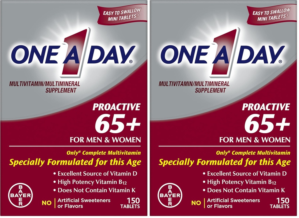 SATU HARI Proaktif 65 +, Mins & Womens Multivitamin, Suplemen dengan Vitamin A, Vitamin C, Vitamin D, dan Zinc untuk Support Kesehatan Imune *, Calcium, Acid Folic & More, Tablet 150 Hitung