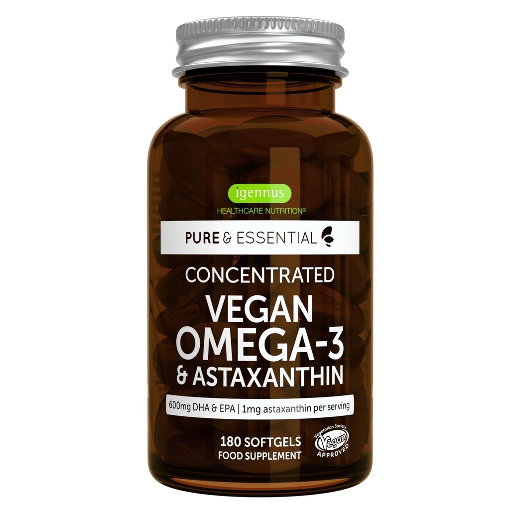 Igennus Vegan Omega-3 Natural Triglyceride Algae Oil, DHA & EPA Fatty Acid Suffels, 180 Small Softgelels dengan Astaxanthin, Easy- To-Swallow, Murni & Sustaminable, 90 Servis