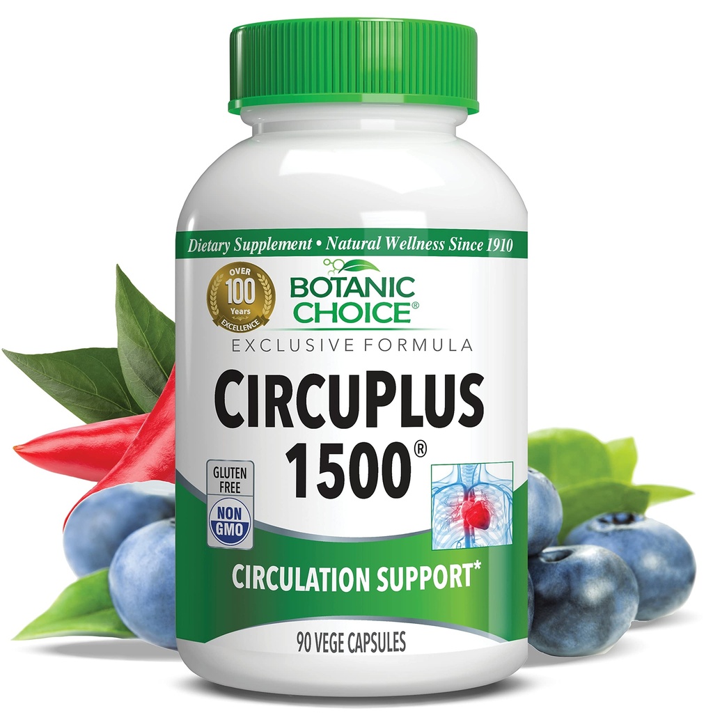 Botanic Choice Circuice Plus 1500 - Heart Health & Circulation and Vein Supplement - Vitamin B1, Cayenne Pepper, Hawthorn, Ginkgo Biloba for Dewasa & Women (90 Capsules)