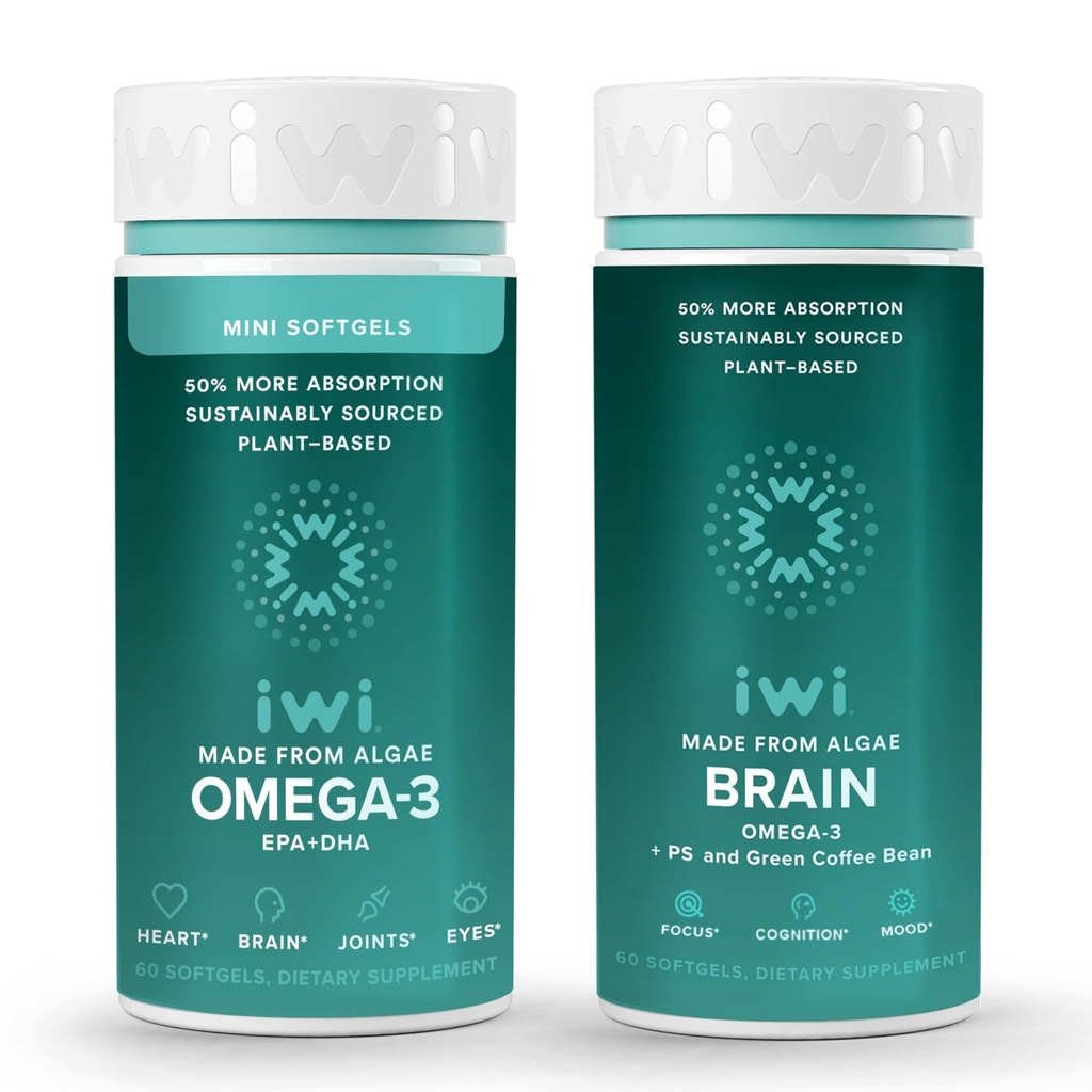 Iwi Omega-3 Minis & Brain Omega-3 Bundle, 30 Pelayan, Tanaman Vegan - Dibased Algae Omega 3 dengan EPA + DHA, Krill & Fish Oil Alternatif, Tidak Ada Fishy Aftertaste