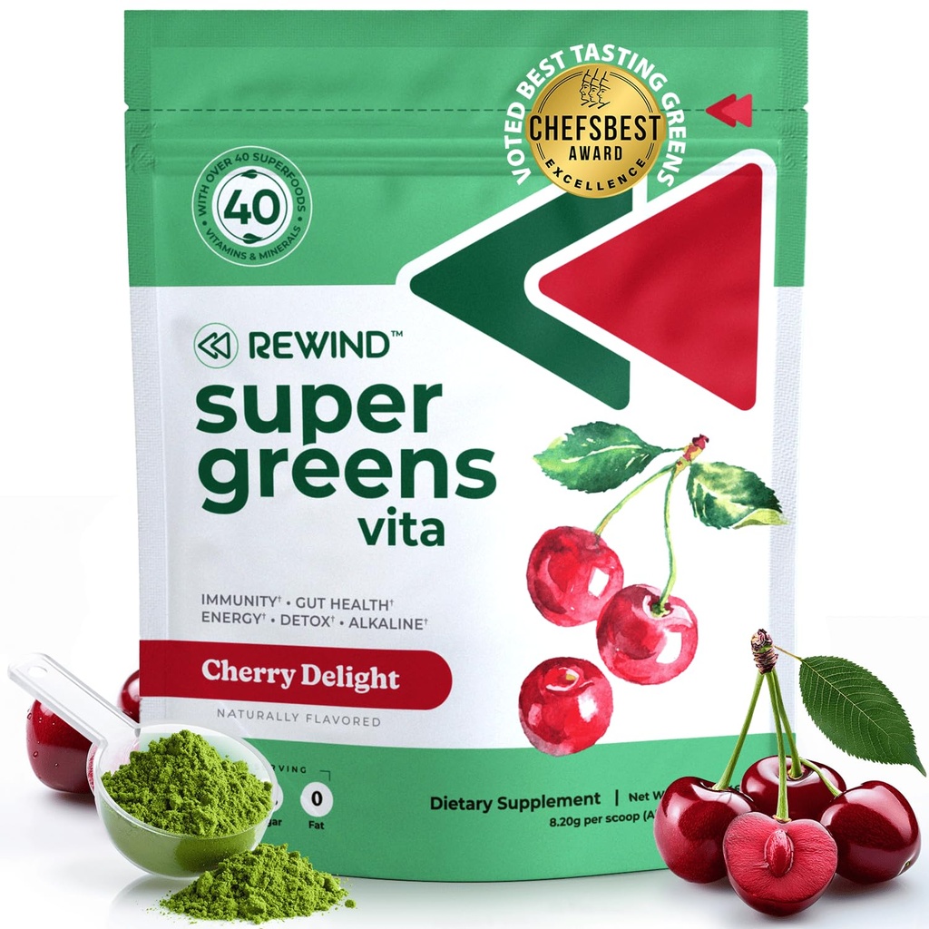 Best Tasting Super Greens Powder with 40 + Superfood - Delicious Daily Green Powder with Vitamin B12, Zinc, Vitamin C, Magnesium & Kalsium - Green Juice Superfood Mix - Cherry Flavor
