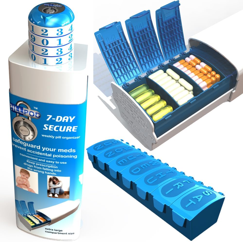 Pill Pod 7 Day Secure, Locking Pill Organizer, Child- Resistan Medication Lock Box, Extra Besar Weekly Pill Planner, Senior Friendly