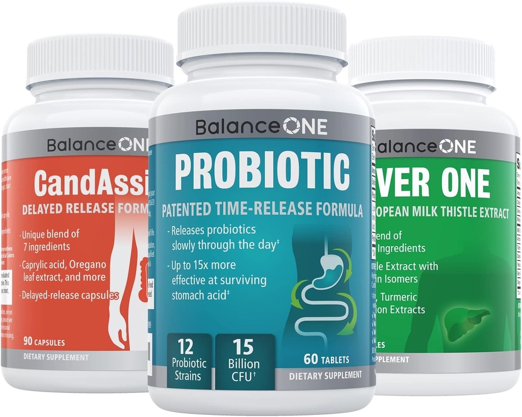 Keseimbangan 1 3 Bulan Kit 124; Probiotic, CandAssist, Liver One 124; 15 Milyar CFU Probiotic Elebics 124; Natural Cleanse dengan Caprylic Accid 124; Liver Dukungan dengan Milk Thistle