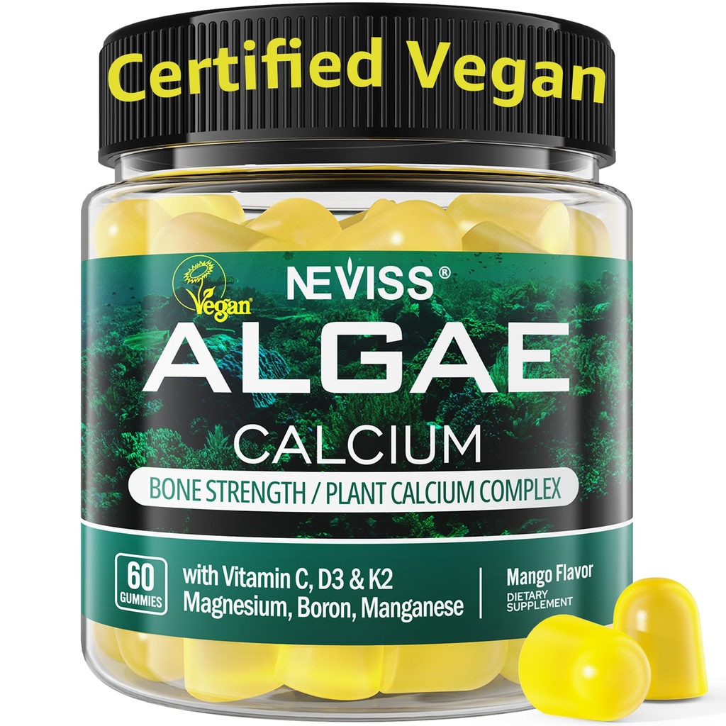 Calcium Gummies for Women + Magneisum Vitamin D3 K2, C, Zinc, Boron, Sustainable Algae (3rd Party Tested) untuk Kekuatan Tulang, Nerve, Calcium Absoption, Sugar Free Calcius Supplemen, Vegan, 60