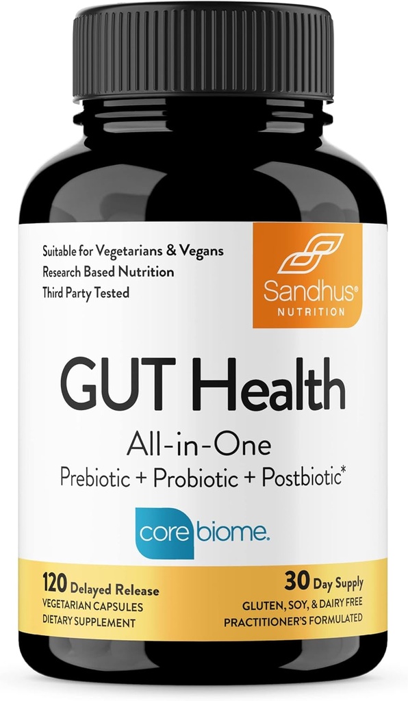 Sandhu 's Gut Health - Prebiotic, Probiotic, Postbiotic & L- Glutamine 124; Digetical Health, Colon, Probiotic Total Suplemen 124; 120 Delared Release Capsules
