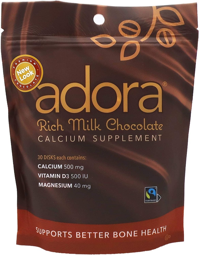 Adora Premium Vitamin D3 Magnesium dan Kalsium Suplemen, 500 mg, Milk Chocolate, 30 Count