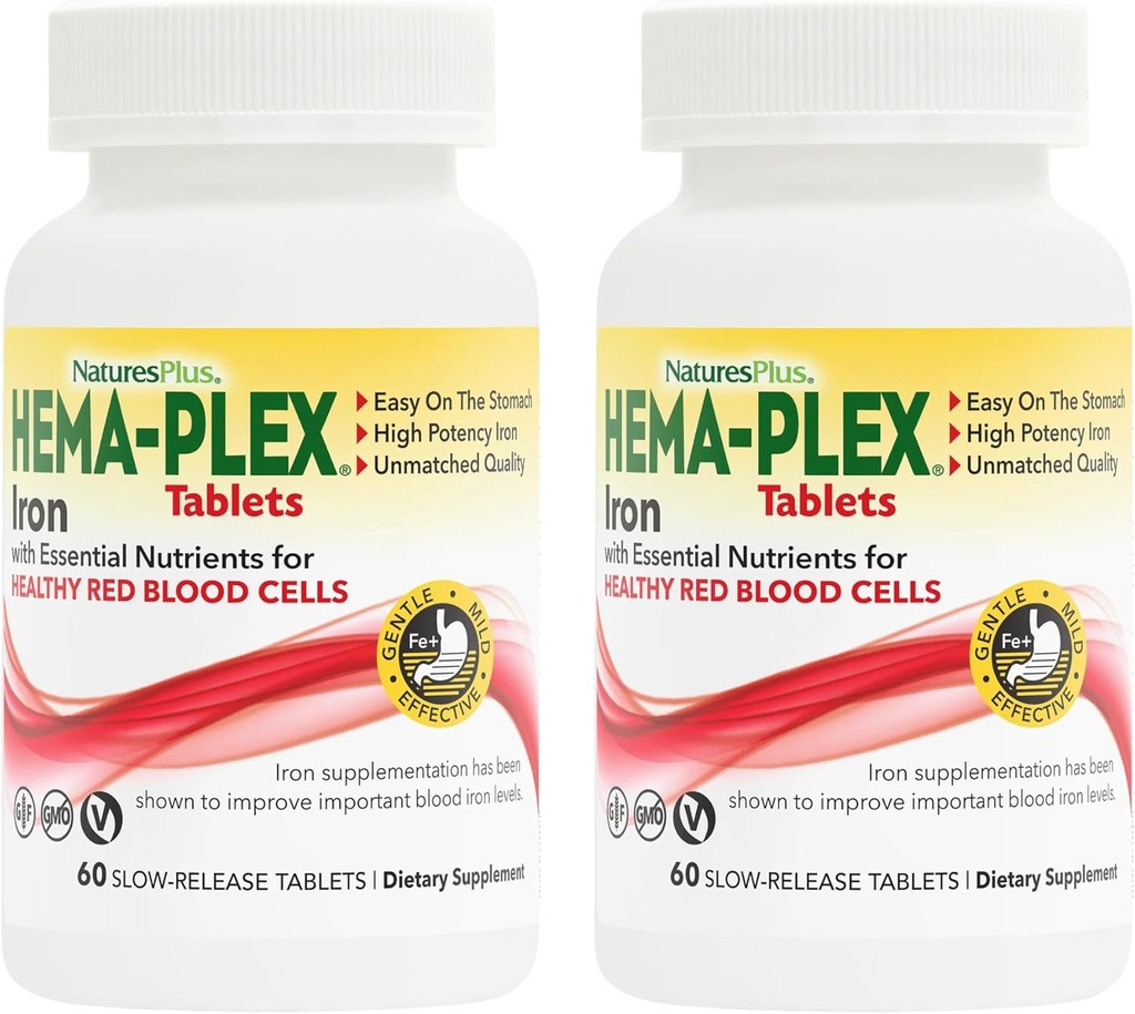 NaturesPlus Hema- Plex Besi - 60 Slow- Lepaskan Tablet, Paket 2 - Total Kesehatan Darah - 85 mg Chlated Besi - dengan Vitamin C & Bioflavonoid - Non GMO, Vegetarian & Gluten Bebas - 120 Total Pelayan