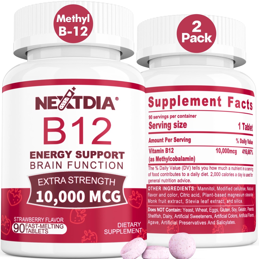 B12 Vitamin 10,000 mcg, Methylated Vitamin B12 Sublingual - Energy Boost, Focus, Metabolisme & Brain Health Support, Fast Strawberry Flavor, 180 Services