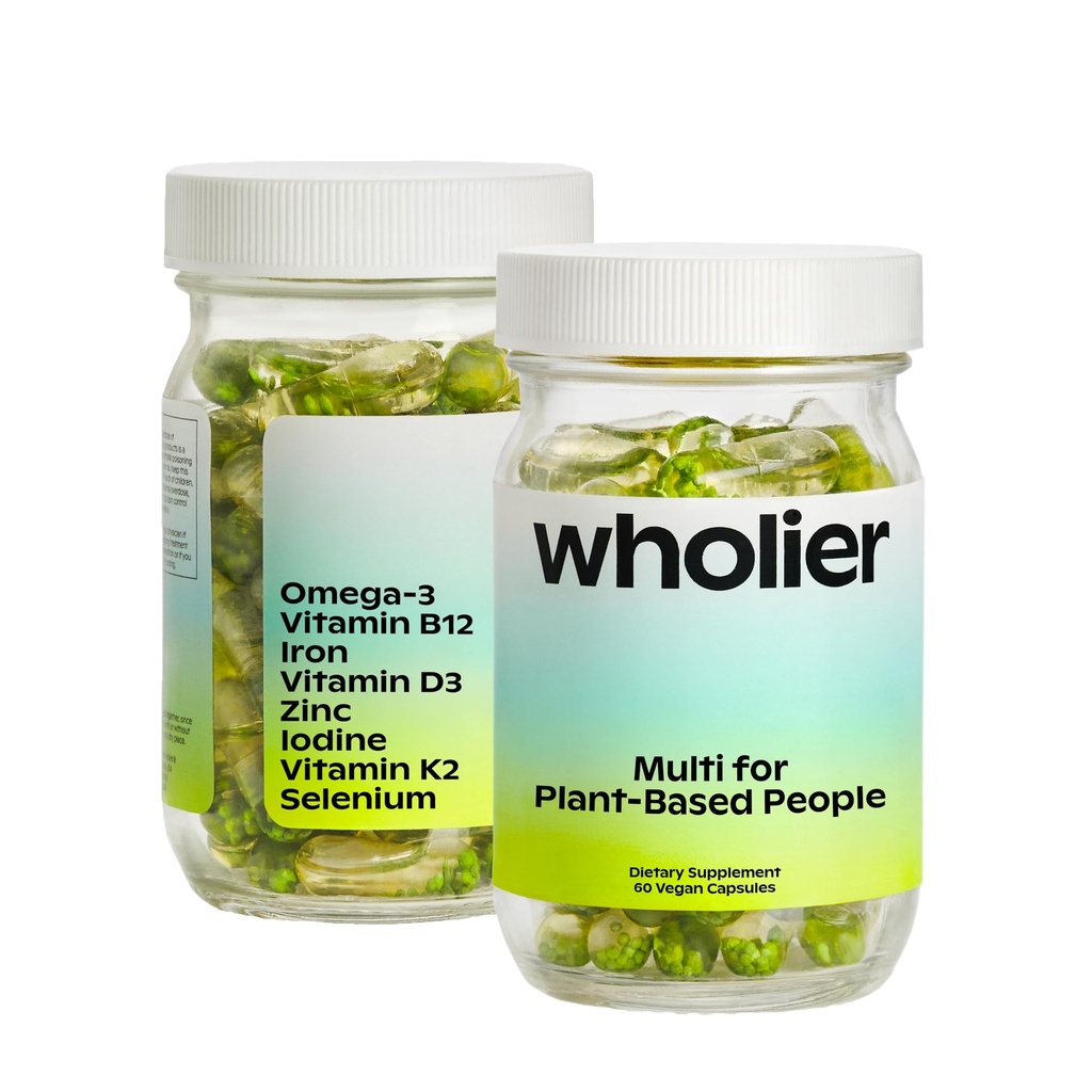 Tanaman wholier Based Multivitamin Vegan Omega- 3 EPA DHA, Vitamin D, B12, Zinc, Vitamin K2, Besi, Iodin, Selenium. 60 Count (30- Day Suppply) Glass Bottle