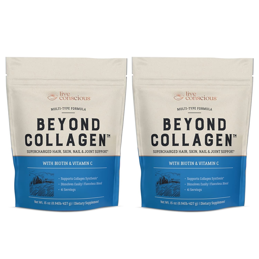 Live Conscious Beyond Collagen Multi Collagen Powder - Types I, II, III, V & X 14; Keto Friendly, Hydrolyzed Blend with Biotin & Vitamin C (2- Pack)