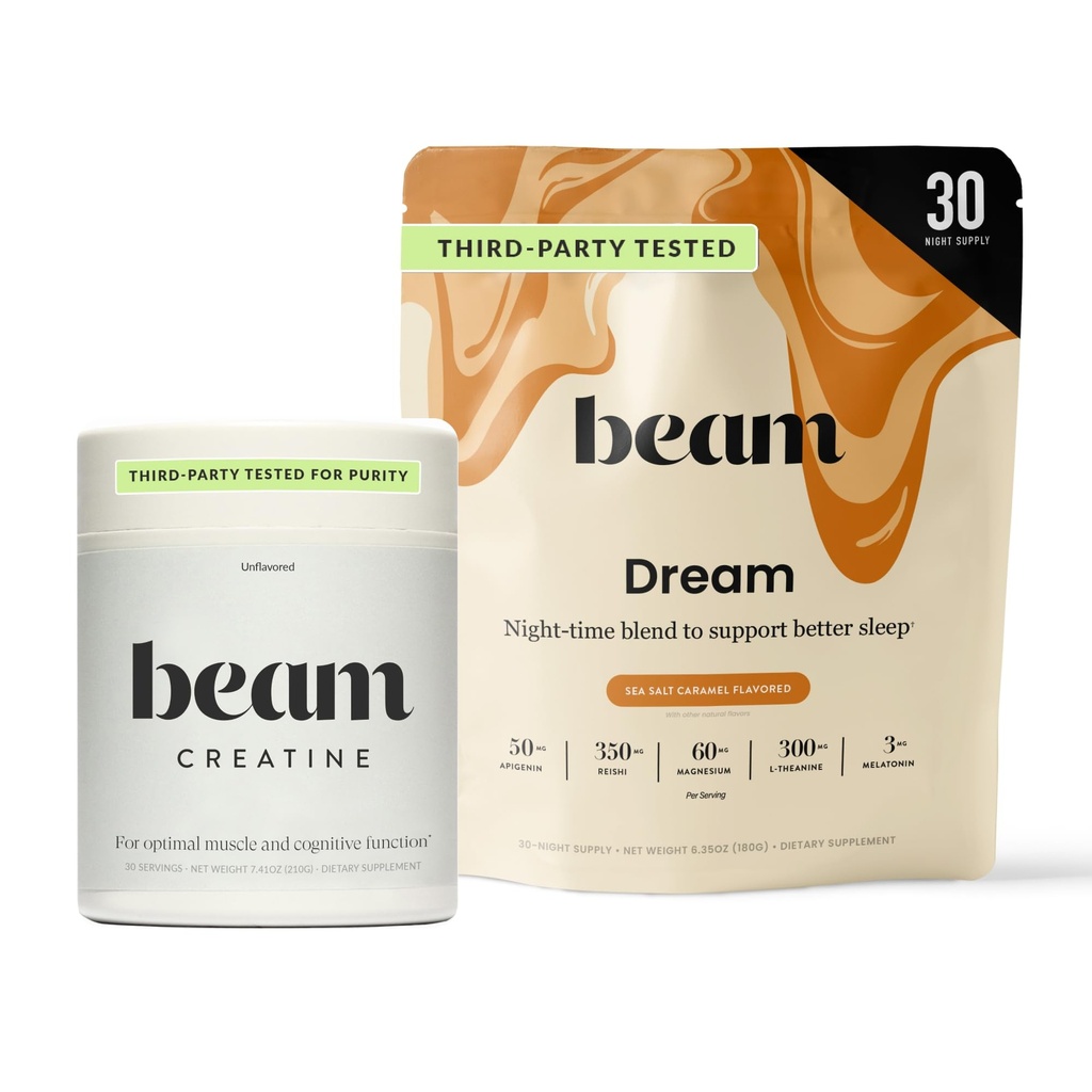 Beam Dream Sleep Powder & Creatine Bundle, Third Party Tested Natural Sleep Aid & Recovery Suplement with Micronized Creatine Monodrate, Unflashted Creatine Powder for Muscle Strength, Energy