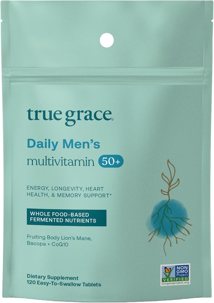 "True Grace Daily Men 's Multivitamin 50 + - 120 Ezin-to-Swallow Tablet - Imune, Energy, Longevity & Memory Support - Gluten Free, Soy Free, Vegan - 60 Servings