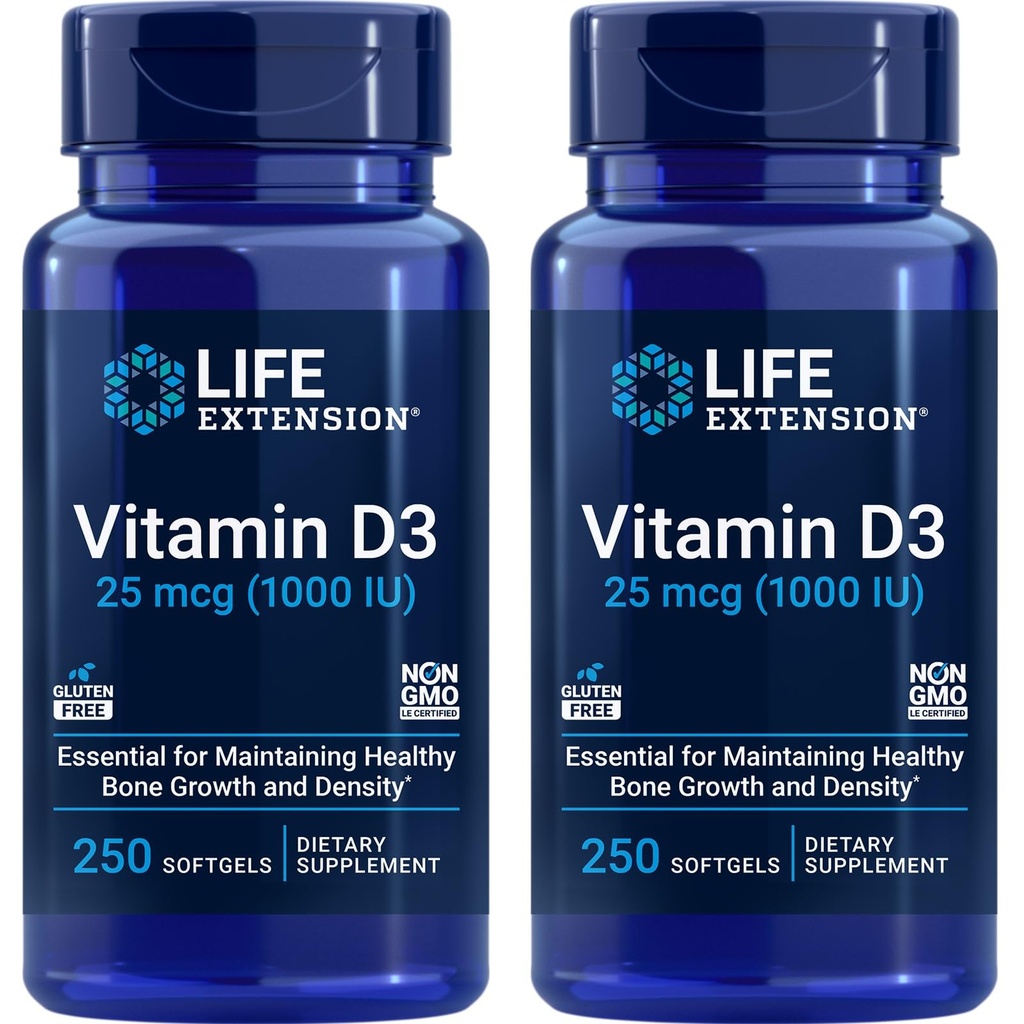 Ekstensi Hidup Vitamin D3 25 mcg (1000 IU), Dukungan Sistem Imune, Kesehatan Tulang, Kesehatan Tubuh, Nilai Ukuran, Bebas Gluten- GMO - Dua kali 250 Softgels