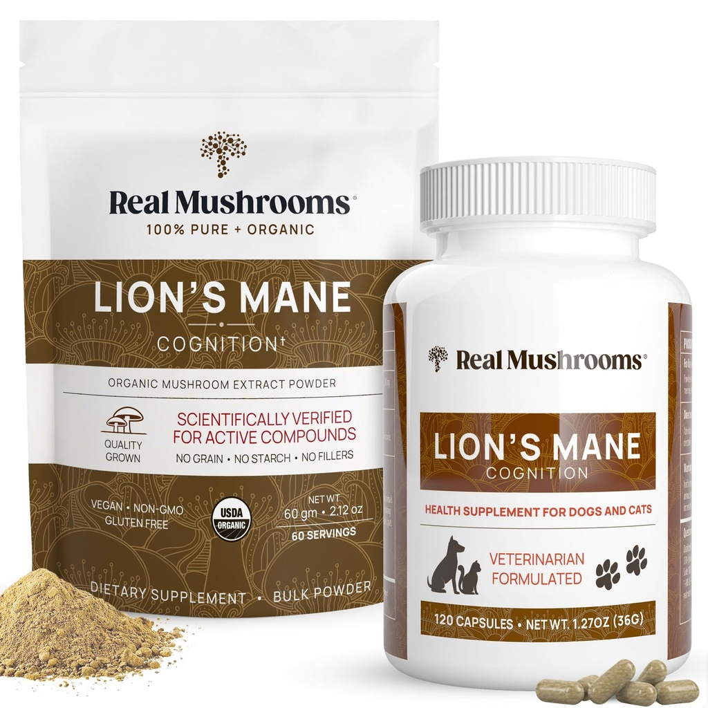 Jamur asli Lions Mane for Mane (60 pelayan manusia) dan Pets (120ct) - Powder & Capsules Bundle untuk Kognition & Imunity - Vegan, Non-GMO, Gluten- Free, Grain- Free Mushroom Extraction Suplemen
