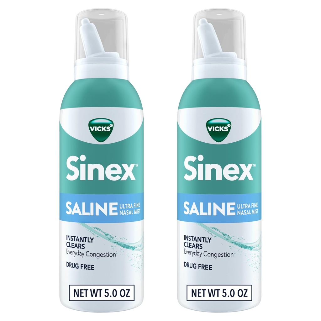 Vicks Sinex SALINE Nasal Spray, Drug Free Ultra Fine Mist, Clear Daily Sinus Contraffic Fast, Clear Mucus from a Cold or Allergy, Daily Use 5.0 lf oz x 2