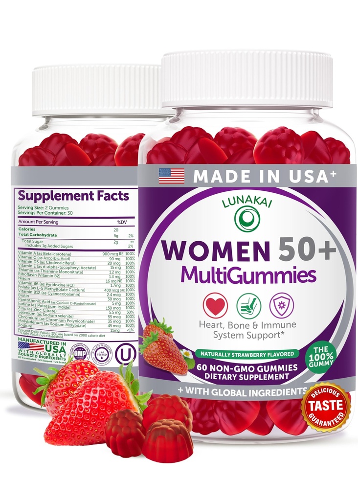 Lunakai USA Made 50 Plus Women 's Multivitamin Gummies - Delicious Formula Enhanced with Esculity & Minemins for Health & Vitalitas - 60ct