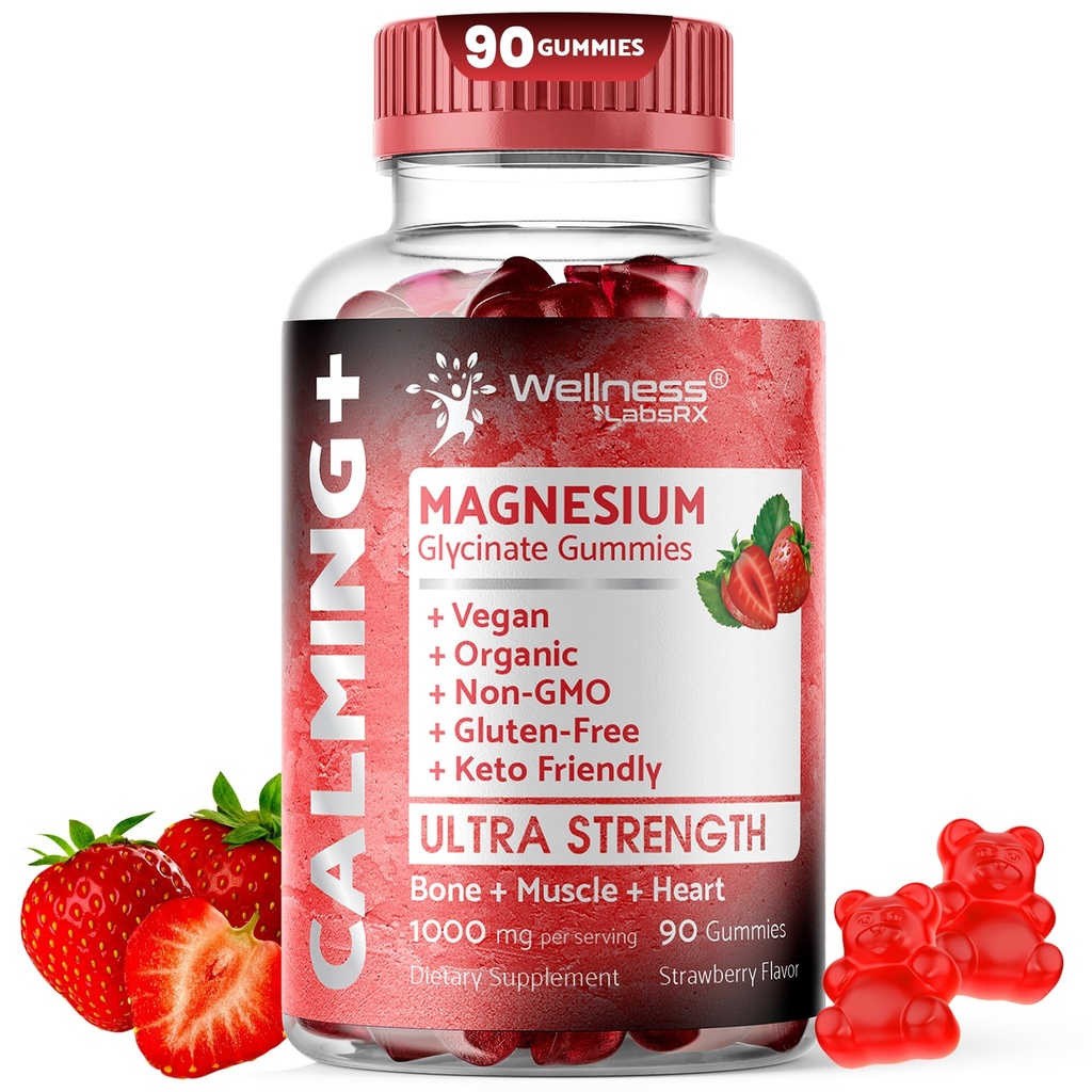 Magnesium Glycinate Gummies, 1000 mg - Magnesium Tambahan untuk Mendukung Relaxation, Heart Health - Tenesio Tenang Magnesio untuk Dewasa, Glicinato De Magnesio - Strawberry Flavor