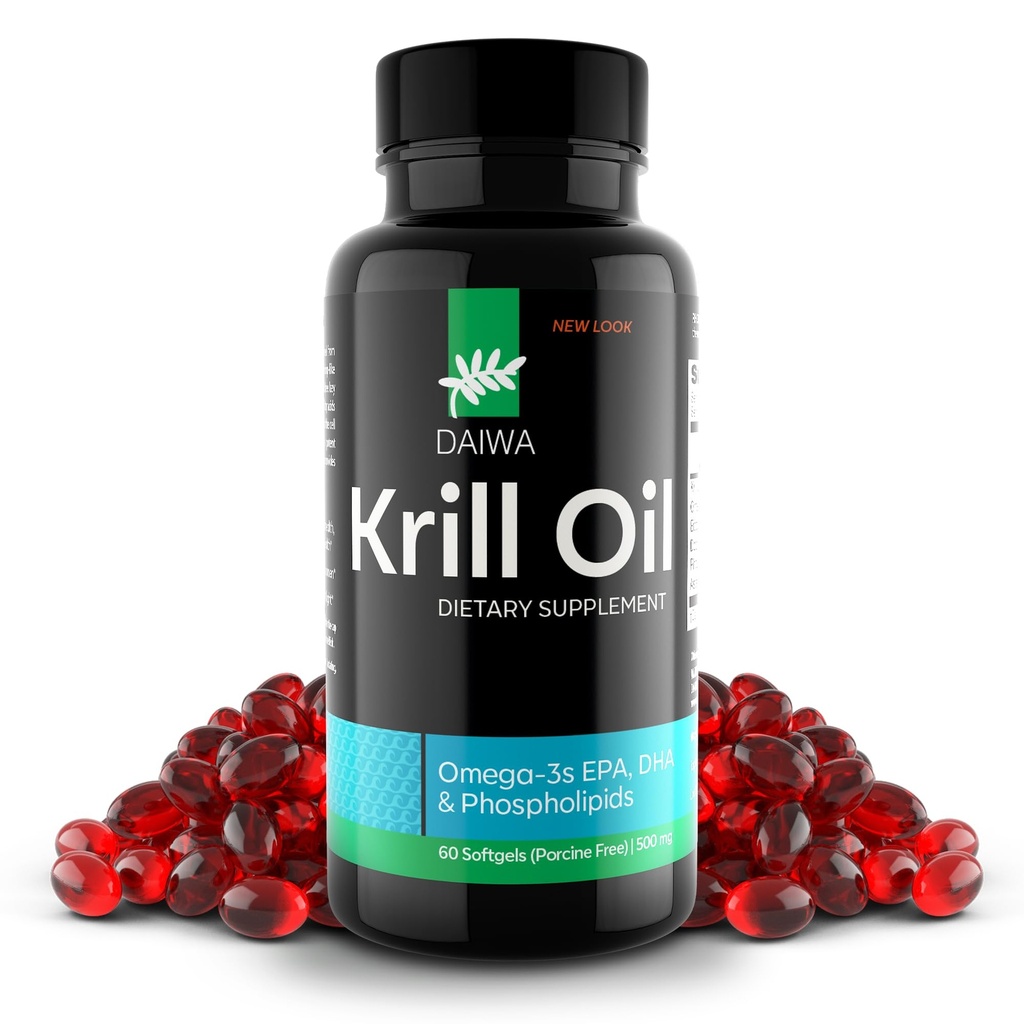 Daiwa Krill Oil 100mg Softgels - EPA DHA Omega 3 Antartika Krill Oil Suplemen dengan Astaxanthin - Solusi Alam untuk Gabungan, Dukungan Otak dan Kesehatan Jantung - 60 / ct