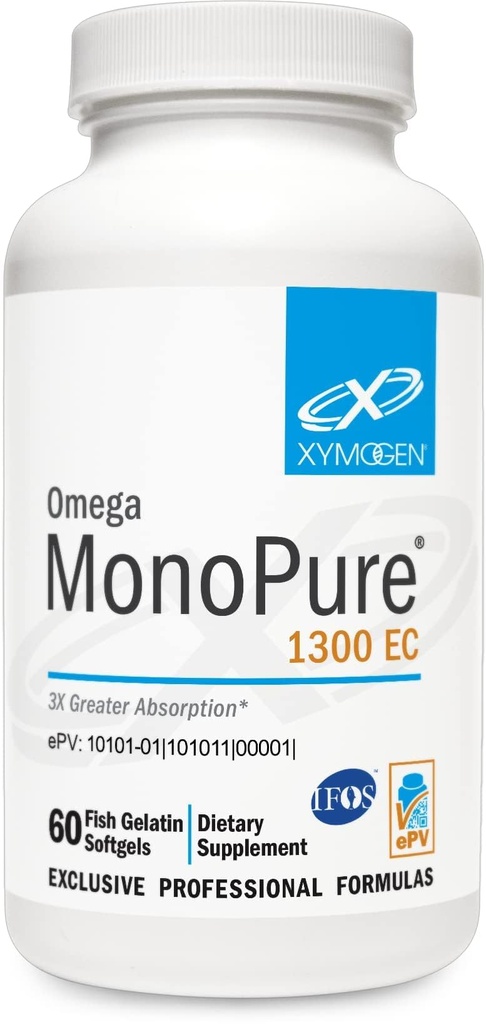 XYMOGEN Omega MonoPure 1300 EC - Fish Oil with 3X Greater Absorpsi - DHA EPA Omega 3 Suplemen Kesehatan + Kognitive (60 Softgels)
