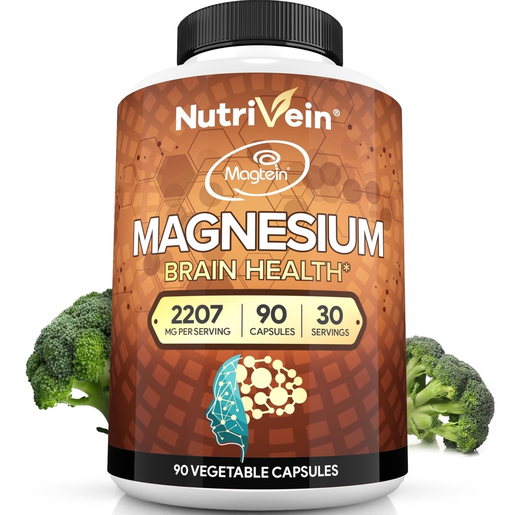 Nutrivein Premium Magtein Magnesium L- Threonate Suplement 2207 mg - 90 Caps (3 hari): Larangan Magnesium Tinggi untuk Otak, Tidur, Mood & Pemulihan