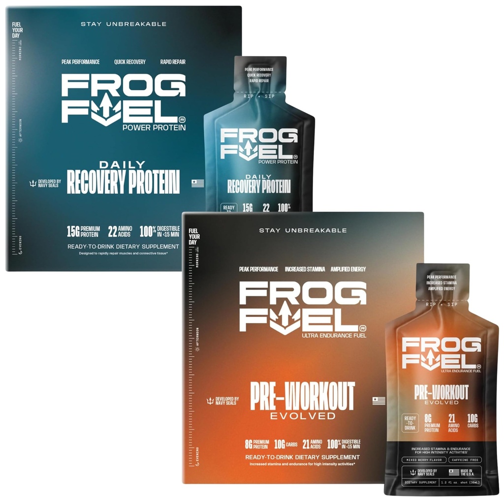 Frog Power Fuel Protein & Ultra Pre Workout Shot Bundle, 1500mg Beta Alanine, 15g Protein Nano - Hydrolyzed Grass Fed Collagen, Pre & Post Workout, 1.2 oz Packets, 48 Pack
