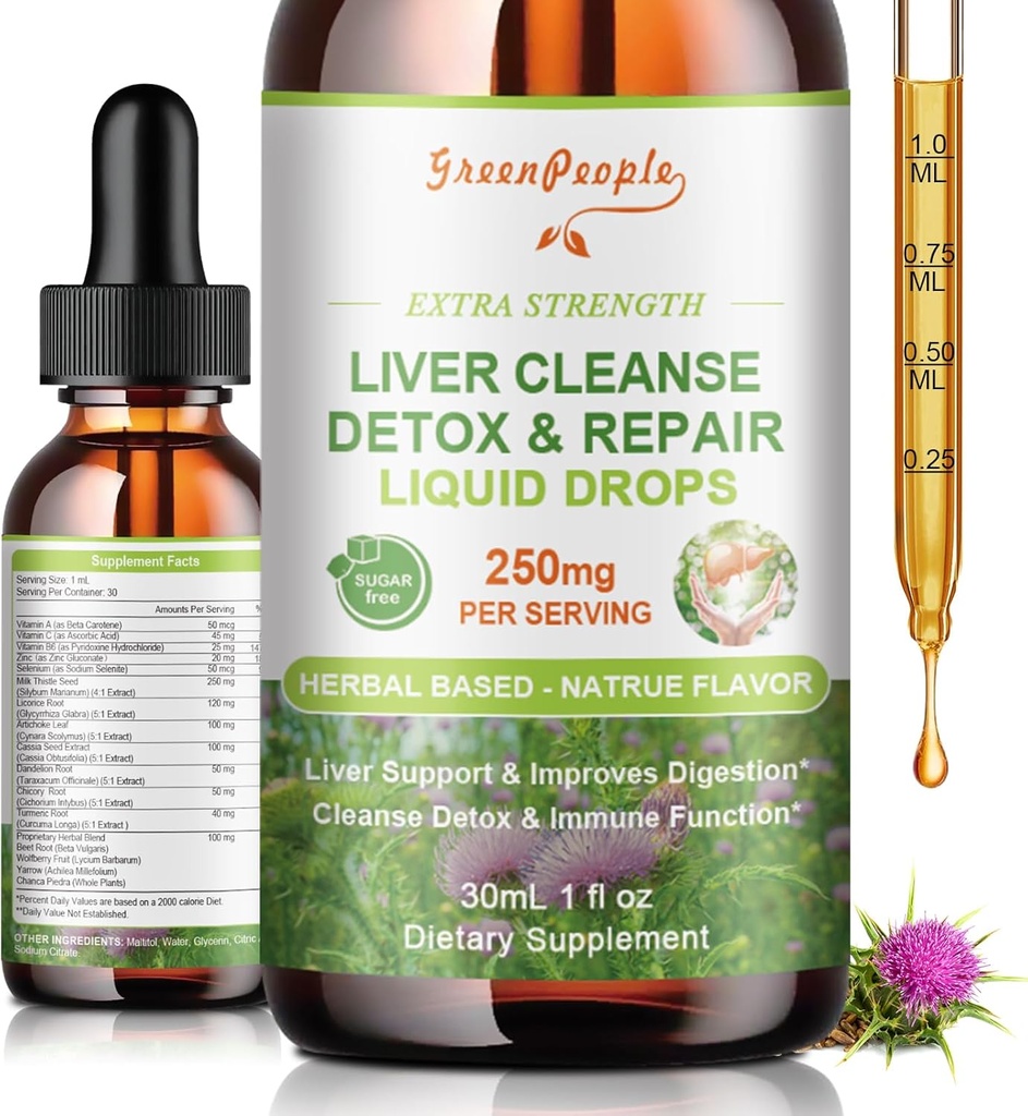 Greenpeople Liver Cleanse Detox & Repair Drops - Liver Suplement w / Milk Thistle Silymarin, Artichoke & Dandelion for Liver Detox & Support- 16x PowerHerb-Nutrients - 1Fl Oz Natural Flavor