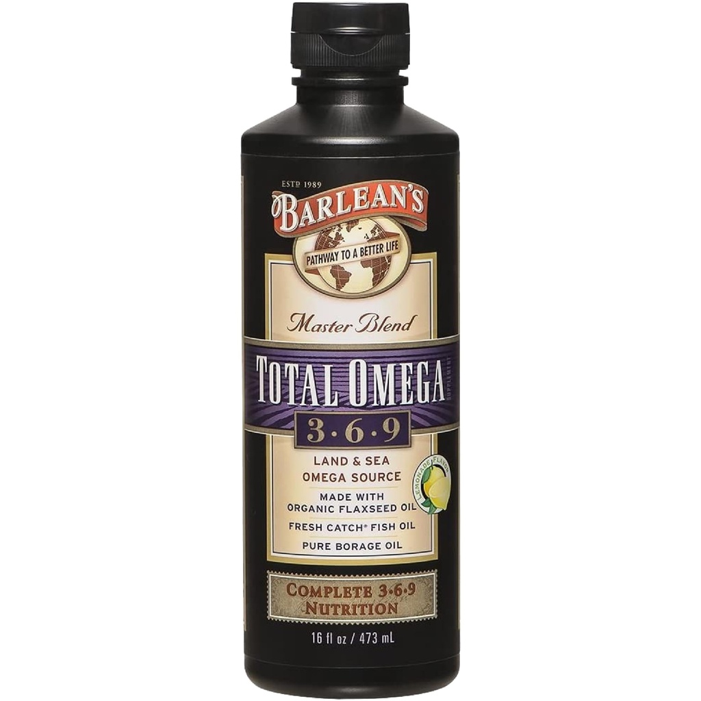 Jumlah total Omega 3 6 9 Liid Oil Suplemen Ikan Barlean dengan Borage dan Flaxseed Oil 6.468 mg EPA Omegas, DHA, ALA, dan GLA untuk Gabungan dan Kesehatan Jantung, 16 oz