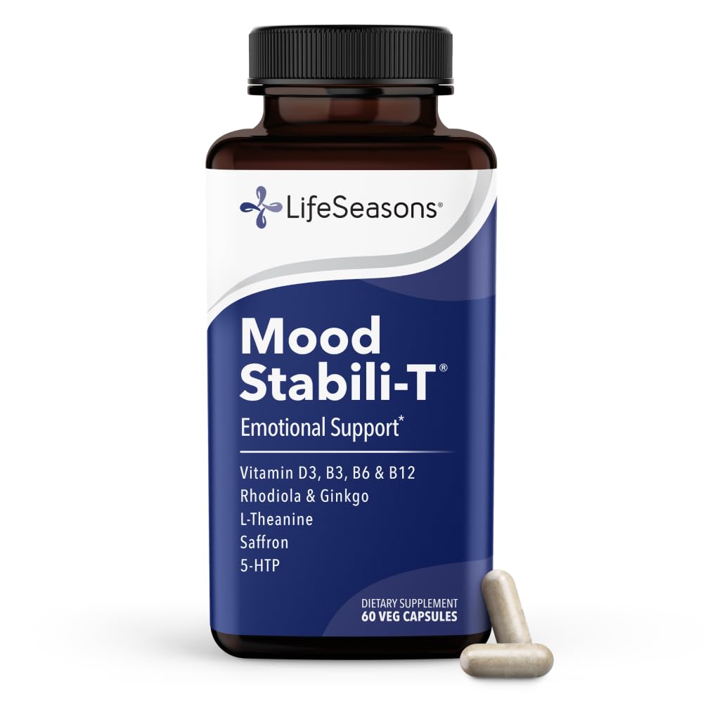 LifeSeasons - Mood Stabili- T - Positive Mood Booster - Enhanced Calstice and Happiness - Relaxed and Balanced Mind - mengandung Rhodiola, Ginkgo Biloba, dan Vitamin D3 - (60 Capsules)