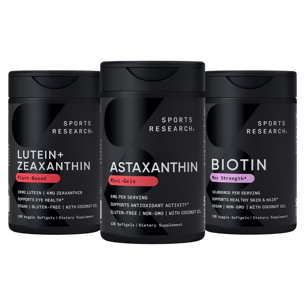 Penelitian Olahraga Biotin (B7) 10.000.000 mcg + Lutein + Esxanthin (20mg) + Astaxanthin Suplemen dari Alga (6g) - Semua Vegan 124; 120 Softgeels Masing-masing 124; Semua Dibuat dengan Coconut Oil untuk Absorpsi Lebih Baik