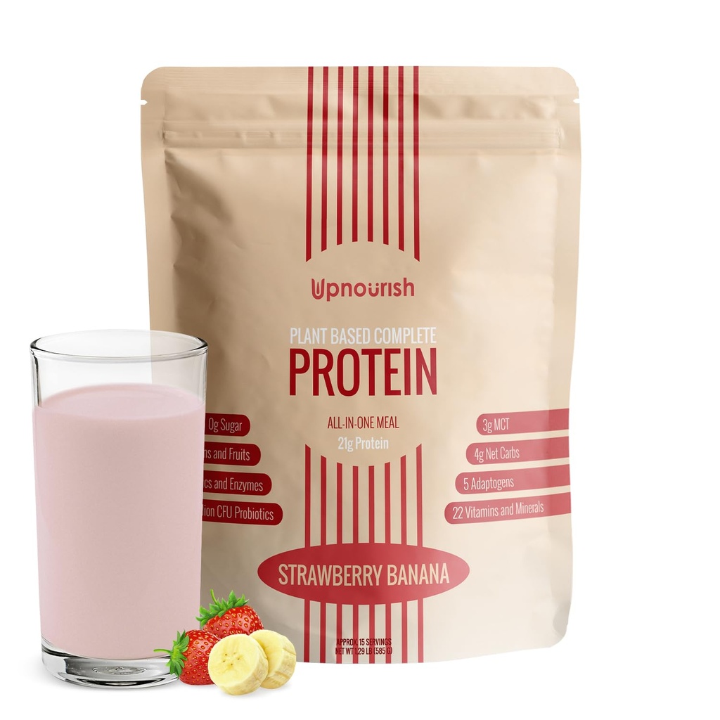 Upnfeating Strawberry Banana Vegan Powder 54 Superfood Powder, 1.5 Milyar CFU Progories 21g Plant Based Protein, No Sugar No Dairy No GMO Dairy Free, Meal Replacement Shake Keto- Friendly Lower -Carb Diet, 15 Pegawai