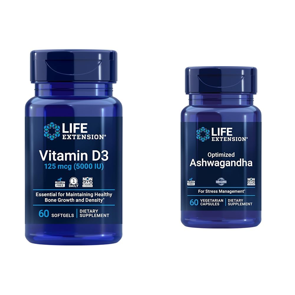 Ekstensi Hidup Vitamin D3 5000 IU, Ashwagandha - Stress Relief, Focus, Memory, Mood Dukung - Bundle Tambahan GMO Non-