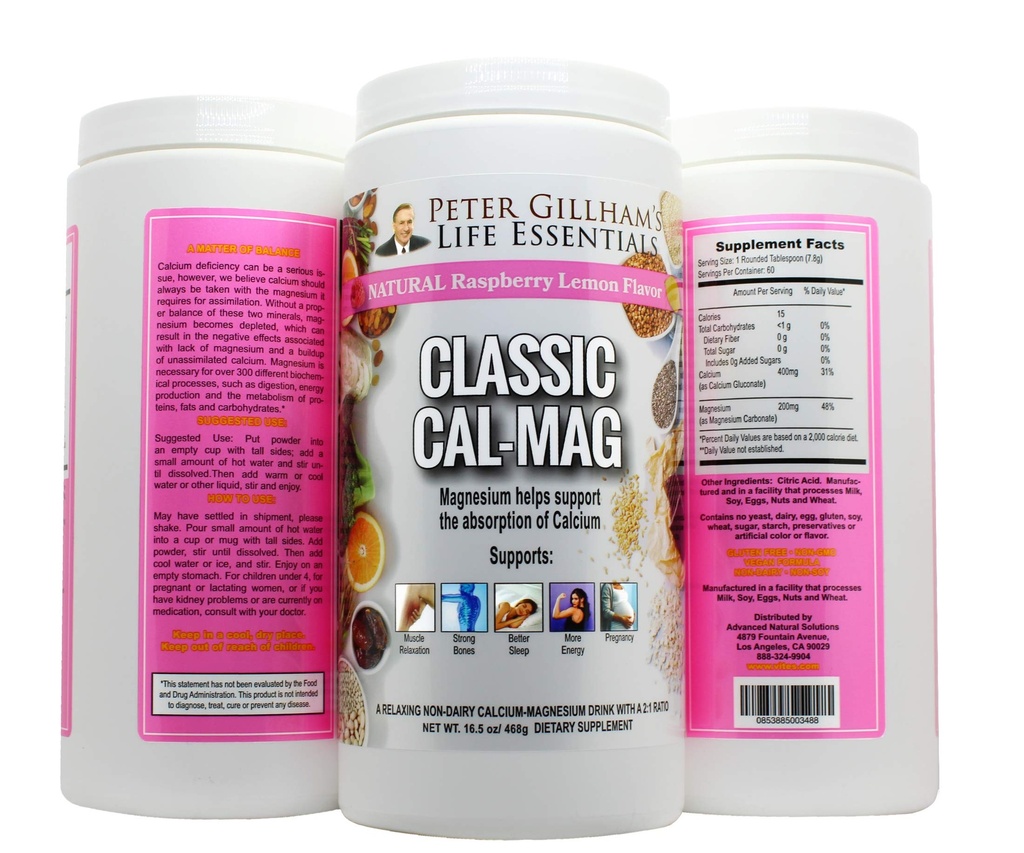 Klasik Cal- Mag Powder Raspberry Lemon, Original 2: 1 Formula, 16.5oz (60 Pelayan) Sless & Stress Aid, untuk Relaksasi Otot, Kram Kaki, Tulang & Gigi. Dibuat di Amerika Serikat