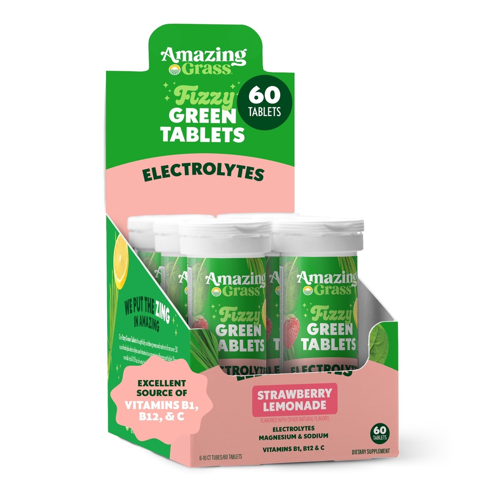 Amazing Grass Electrolite Tablet, Fizzy Greens Water Flavoring Tablet with Vitamin, Hydrate Strawberry Lemonade, 10 Count (Paket 6) (Packating May Vary)