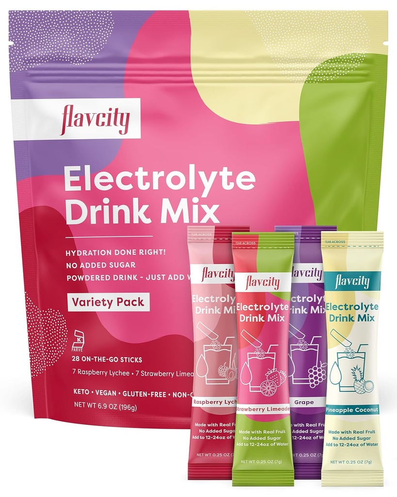 FlavCity Electrolytes Drink Mix, Variety Pack, 28 On- TheGo Stick Packs - Paket Elektrolit Sehat dibuat dengan Buah Nyata - Keto bubuk Minum dengan Tidak Ditambahkan Gula, Gluten- Bebas