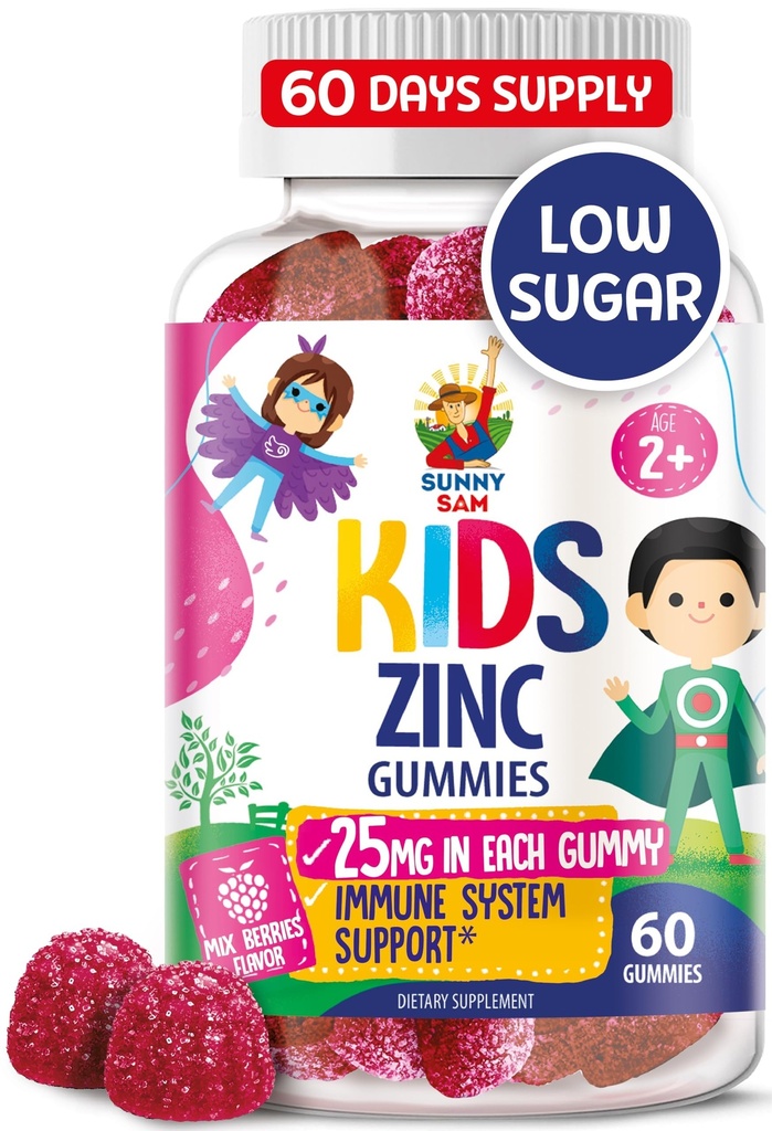 Zinc Gummies for Kids - Zinc Gummy Supplement for Children Immune Support - Low Sugar Natural Antioxidant Non-GMO Vitamin Chewables for Toddlers & Teens - 60 Gummies