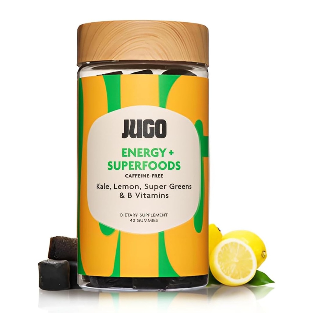 Jugo Energy + SUPERFoods 124; Vitamin B12 Gummies dengan Kale & Super Greens 124; 40 Count Caffeine- Free Energy Gummies = 124; Plant - berbasis, gelatin- Free, Non-GMO, dibuat di Amerika Serikat