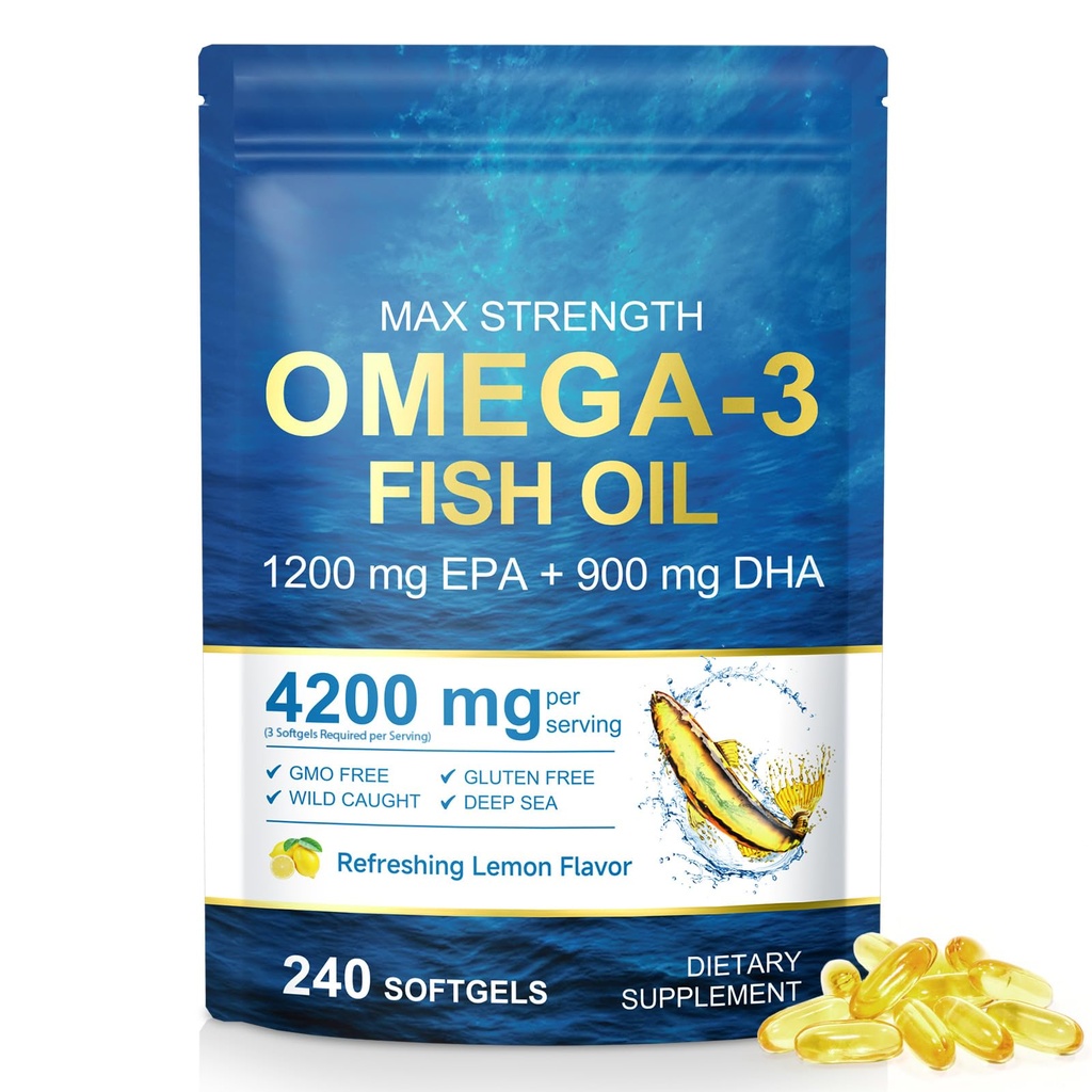Omega 3 Fish Oil 4200mg per Serving (3 Softgels) - 2290mg Total Omega 3 (1200mg EPA & 900mg DHA) - 240 Softgels, 80-Day Supply - Wild Caught Burpless Lemon Flavor Dietary Supplement