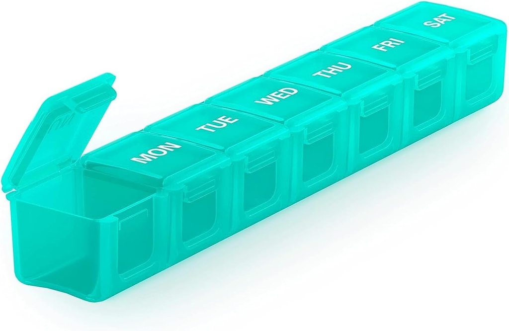 Sukuos Extra Weekly Pill Organizer, 7 Hari Kotak Pil Harian Arthritis, Kontainer Silkscreen Printed Medicine dengan Clear Lid for Vitamin, Fish Oils atau Suplemen (Cyan)