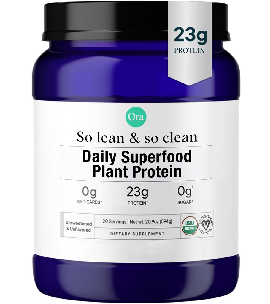 Powder Vegan Ora Organik - 23g Tanaman Based Pea Protein + Superfood for Women and Men - Unsweetened & Unflafeted - 20 Pelayan, Tidak Erythritol, Keto- Friendly, Gluten- Free, Paleo, Soy- Free