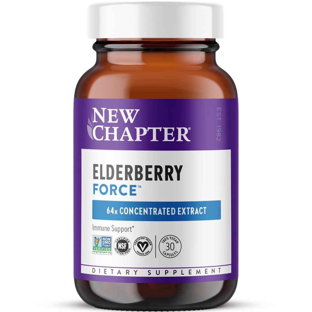 New Chapter Vegan Elderberry Capsules dengan 64x concenderberry Black Elderberry + Black Currant untuk Comprehensive Ammune Dukungan, Proyek Non-GMO Diverifikasi, Gluten Bebas, Serdeed Vegan, 30 Count