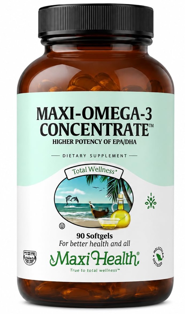 Suplemen Maxi Health Omega 3 - Omega-3 Konsentrat Fish Oil - Sumber Potency Tinggi EPA / DHA Fatty Acids - Hati, Otak & Gabungan Kesehatan - Kosher Disertifikasi Wild Caught Fish - 90 Vegetarian Softgels