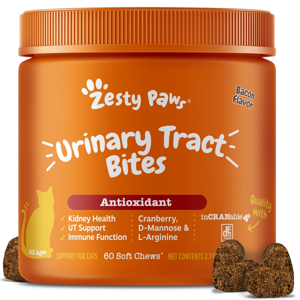 Zesty Paws Cranberry Urrenary Tract Bites for Cats - Kidney & Urinary Trakt Health - Soft Chews with D-Mannose, Vitamin B6 & L- Arginine - Imune & Gut Duck - Bacon - 60 Count
